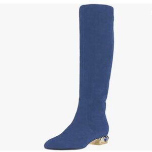 XYD Women Classic Knee High Boots, Rhinestone Heel, Side Zip Up, Almond Toe Blue